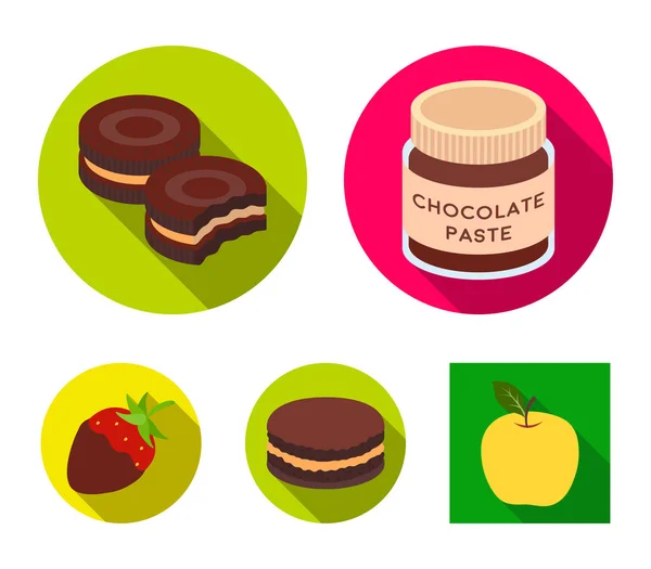 Pastas de chocolate, galletas, fresas en chocolate, hamburguesas. Los postres de chocolate establecen iconos de colección en estilo plano vector símbolo stock ilustración web . — Archivo Imágenes Vectoriales