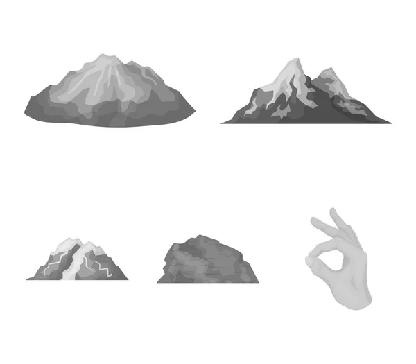 Montañas en el desierto, un pico nevado, una isla con un glaciar, una montaña nevada. Diferentes montañas set colección iconos en el estilo monocromo vector símbolo stock ilustración web . — Vector de stock