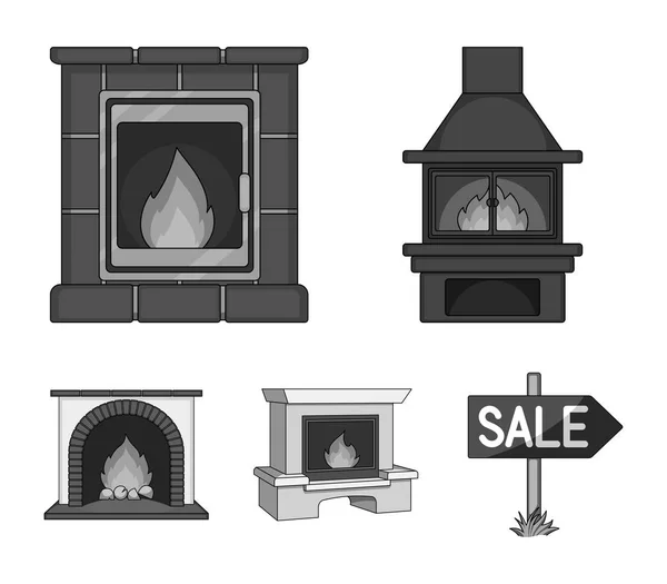 Tűz, melegség és a kényelem. Kandalló készlet gyűjtemény ikonok-ban fekete-fehér stílus vektor szimbólum stock illusztráció web. — Stock Vector