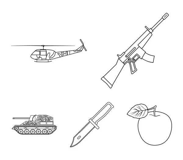 M16 のライフル、ヘリコプター、戦車、コンバット ナイフを攻撃します。軍と軍アウトライン スタイルのベクトル シンボル ストック イラスト web でコレクションのアイコンを設定. — ストックベクタ