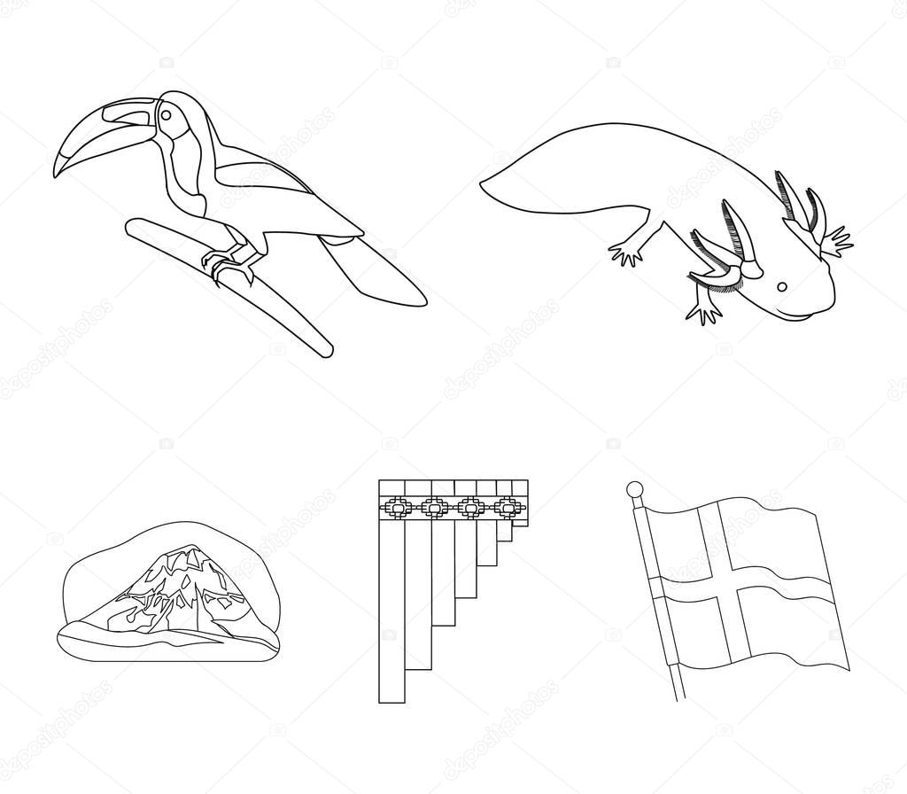 Sampono Mexican musical instrument, a bird with a long beak, Orizaba is the highest mountain in Mexico, axolotl is a rare animal. Mexico country set collection icons in outline style vector symbol