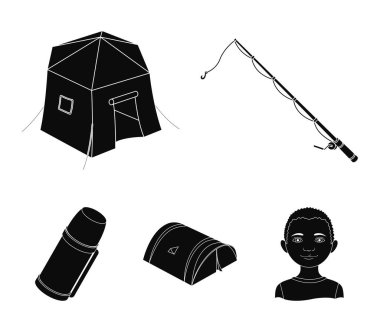 Balık tutma, çadır, termos için iplik. Çadır toplama simgeler siyah stil vektör simge stok çizim web içinde ayarla..