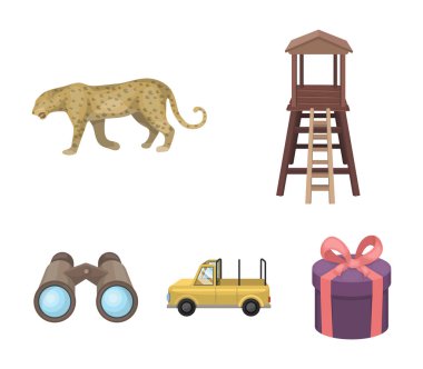 Avcı, leopar, avcılık makine, dürbün için gözlem kulesi. Afrika safari toplama simgeler karikatür tarzı vektör simge stok çizim web içinde ayarla..