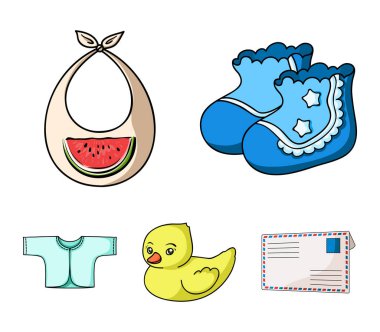 Çorap, önlük, oyuncak ördek, raspashonka. Karikatür tarzı vektör simge stok çizim web içinde doğan bebek set simgeler.