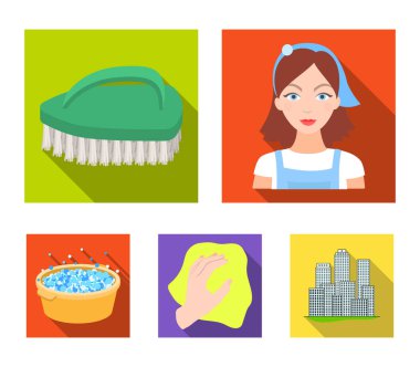 Bir temizlikçi kadın, bir önlük, yeşil bir fırça, bir bez ile bir el, bir mavi el lavabo köpük ile bir ev hanımı. Düz stil vektör simge stok çizim web küme koleksiyon simgeleri Temizleme.