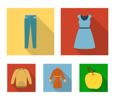 Elbise kısa kollu, pantolon, Mont, raglan ile. Giyim toplama simgeler düz stil vektör simge stok çizim web içinde ayarla..