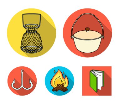 Catch, kanca, kafes, pudra. Balık tutma toplama simgeler düz stil vektör simge stok çizim web içinde ayarla..