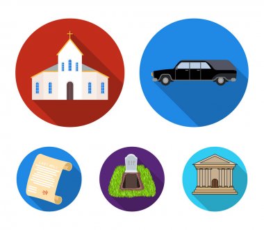 Siyah cadillac ölen, bir cenaze töreni için bir kilise, bir mezar taşı, Ölüm belgesi ile bir mezar mezar taşıma. Cenaze töreni düz stil vektör simge simgeler ayarla