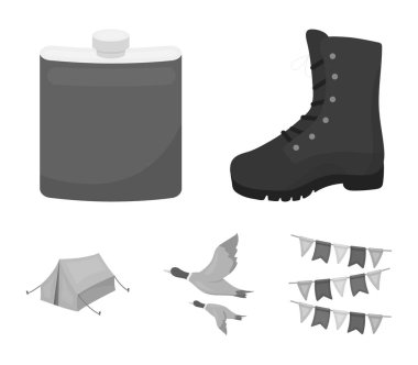 Uçan ördek, şişesi, çizmeler, çadır... Avcılık toplama simgeler tek renkli stil vektör simge stok çizim web içinde ayarla..