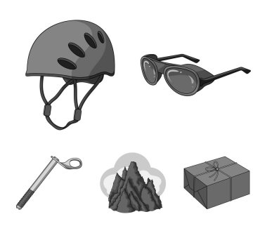 Kask, gözlük, kama Emanet, zirveleri bulutlar. Dağcılık toplama simgeler tek renkli stil vektör simge stok çizim web içinde ayarla..