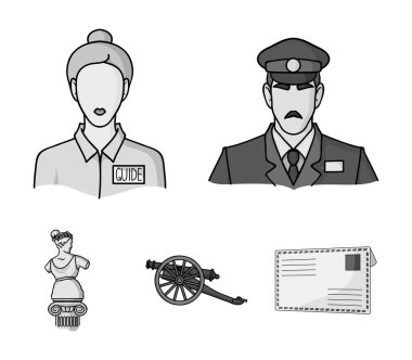 Bekçi, Kılavuzu, heykel, silah. Müzesi toplama simgeler tek renkli stil vektör simge stok çizim web içinde ayarla..