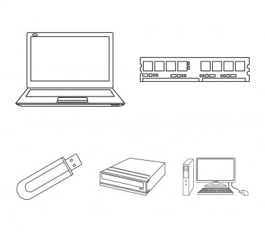 Flash sürücü, dizüstü bilgisayar, bellek oyun kağıdı. Kişisel bilgisayar toplama simgeler anahat stili vektör simge stok çizim web içinde ayarla..