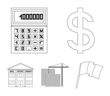 Hesap makinesi, dolar işareti, yeni bina, Emlak Ofisleri. Emlakçı toplama simgeler anahat stili vektör simge stok çizim web içinde ayarla..