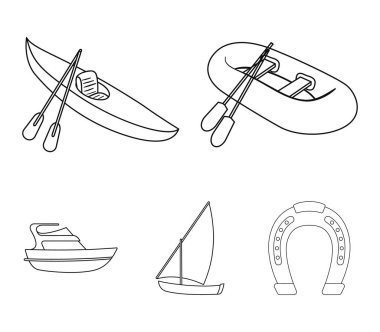 Balıkçılık Tekne, bir kayık kürek ile bir balık tutma schooner, motor yat bir lastik. Gemi ve Su ulaştırma araçları toplama simgeler monocrome stil vektör simge stok çizim web ayarla.