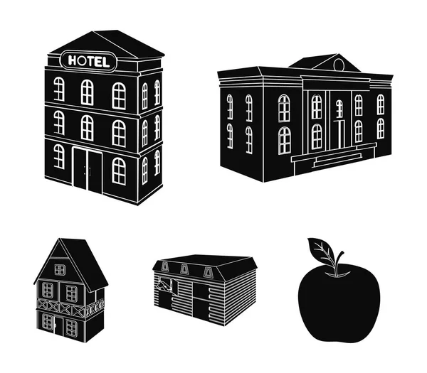 Le bâtiment du musée, un hôtel de trois étages, une écurie à l'hippodrome, un chalet résidentiel. Bâtiment architectural set collection icônes en noir style vectoriel symbole illustration web . — Image vectorielle