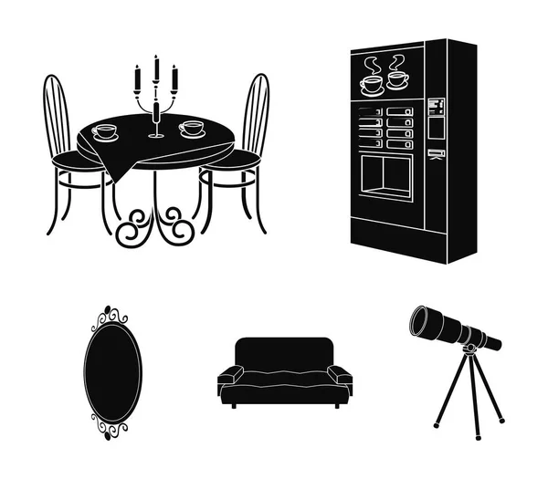 Cafetera, mesa servida en el restaurante y otro icono web en isometría de estilo negro.Sofá cómodo, espejos de pared en la colección de conjuntos . — Vector de stock