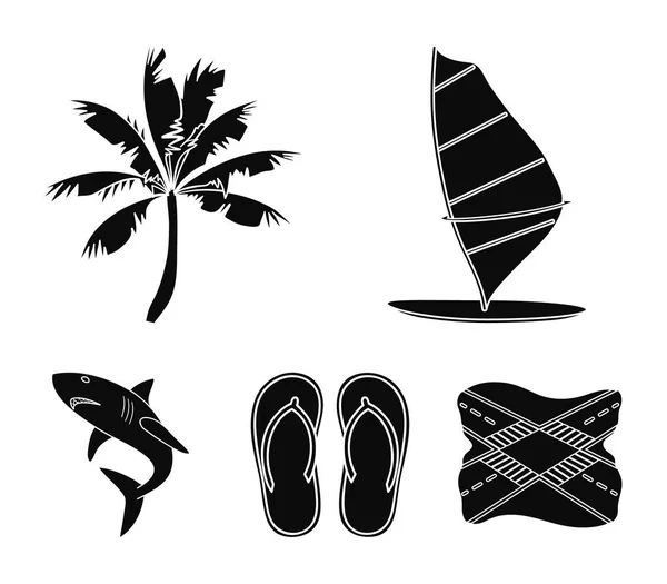 Доска с парусом, пальма на берегу, тапочки, белая акула. Иконки коллекции серфинга в черном стиле векторные символы иконок . — стоковый вектор