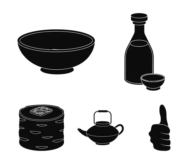 醤油、麺、kettle.rolls.Sushi ブラック スタイル ベクトル シンボル ストック イラスト web コレクションのアイコンを設定. — ストックベクタ