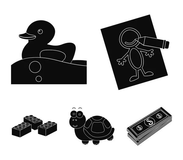 Детские игрушечные черные игрушки в коллекции для дизайна. Игры и безделушки векторные символы веб-иллюстрации . — стоковый вектор