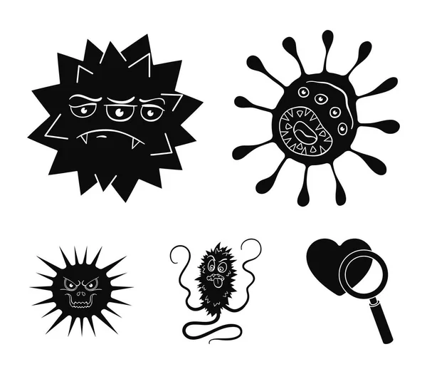 Различные типы микробов и вирусов. Вирусы и бактерии устанавливают иконки коллекции в черном стиле векторных символов фондового иллюстрации веб . — стоковый вектор