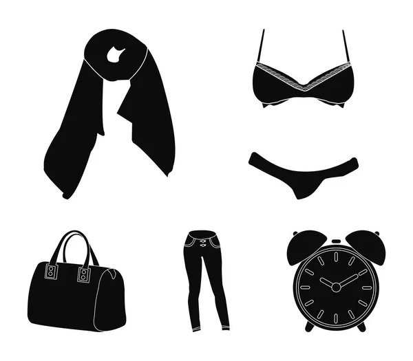 Бюстгальтер в шортах, женский шарф, леггинсы, сумка с ручками. Иконки коллекции женской одежды в черном стиле . — стоковый вектор