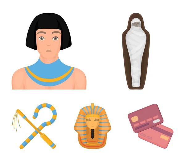 Crook e flagello, una maschera d'oro, un egiziano, una mummia in una tomba. Antico Egitto set icone di raccolta in stile cartone animato vettore simbolo stock illustrazione web . — Vettoriale Stock