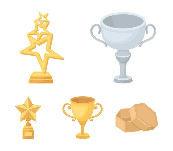 Ασημένιο Κύπελλο για τη δεύτερη θέση, χρυσό αστέρια στο περίπτερο, ένα φλιτζάνι με ένα αστέρι, ένα χρυσό κύπελλο. Βραβεία και τρόπαια που συλλογή εικονιδίων στο καρτούν στυλ διάνυσμα σύμβολο απόθεμα ενδεικτικά web. — Διανυσματικό Αρχείο