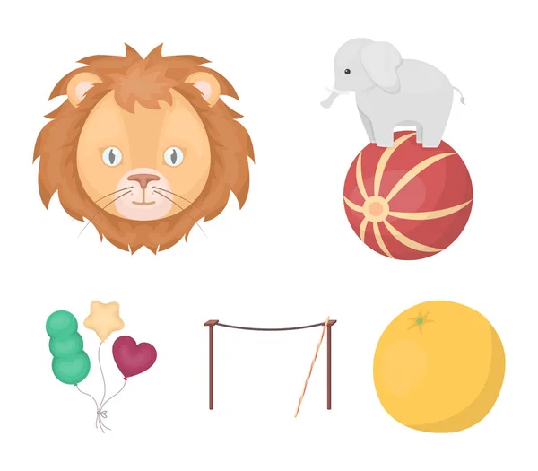 Ελέφαντας στη μπάλα, τσίρκο λιοντάρι, τραβέρσες, μπάλες. Τσίρκο που συλλογή εικονιδίων στο καρτούν στυλ διάνυσμα σύμβολο απόθεμα ενδεικτικά web. — Διανυσματικό Αρχείο