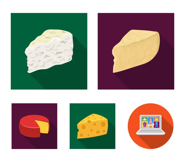 干酪、 羊乳干酪、 马斯丹、 高达。不同类型的奶酪在平面样式矢量符号股票图 web 设置集合图标. — 图库矢量图片