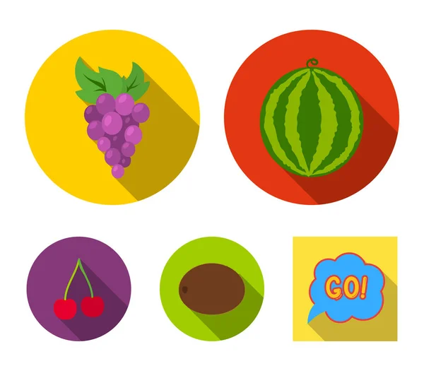 Melancia, uvas, cereja, kiwi.Fruits conjunto coleção ícones em estilo plano símbolo vetorial estoque ilustração web . — Vetor de Stock