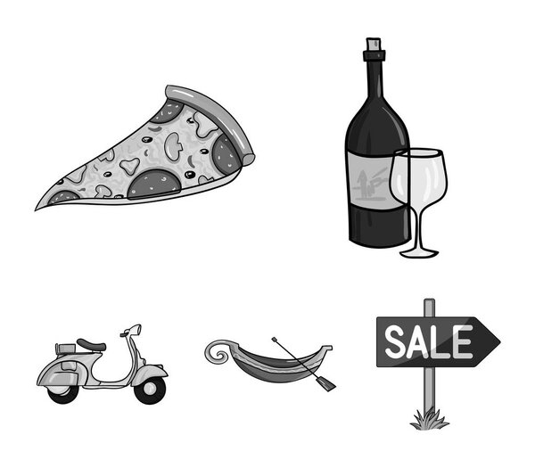 A bottle of wine, a piece of pizza, a gundola, a scooter. Italy set collection icons in monochrome style vector symbol stock illustration web.