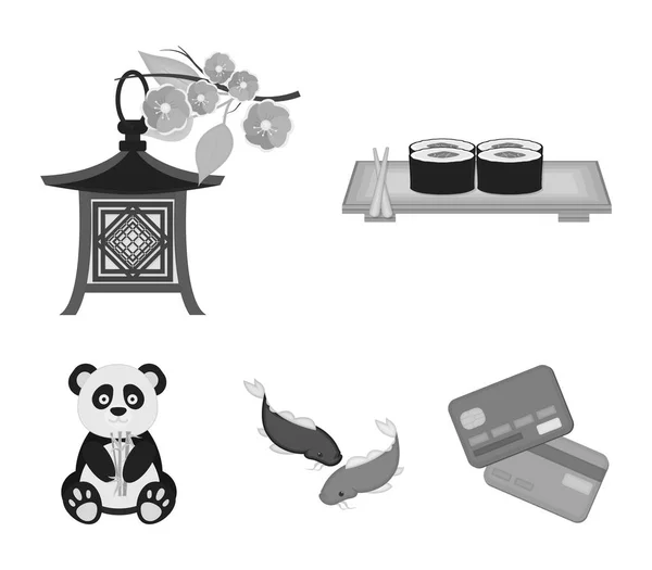 Sushi, peixe koi, lanterna japonesa, panda.Japan conjunto coleção ícones em estilo monocromático símbolo vetorial estoque ilustração web . — Vetor de Stock