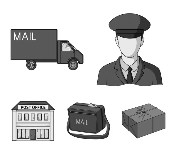 Почтальон в форме, почтовой машине, сумке для корреспонденции, почтовом отделении.Почтальон и почтальон настраивают иконки коллекции в монохромном стиле векторных символов иконок . — стоковый вектор