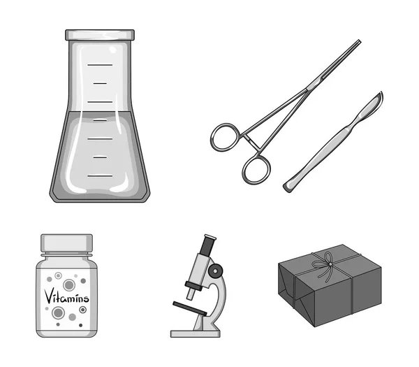 Un banco de vitaminas, un frasco con una solución y otros equipos.Iconos de colección de conjuntos de medicina en estilo monocromo vector símbolo stock ilustración web . — Vector de stock