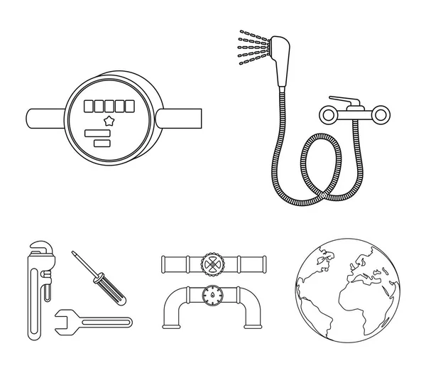 Doccia, rubinetto, contatore dell'acqua e altre attrezzature. Icone di raccolta del set idraulico in stile contorno vettoriale simbolo stock illustrazione web . — Vettoriale Stock
