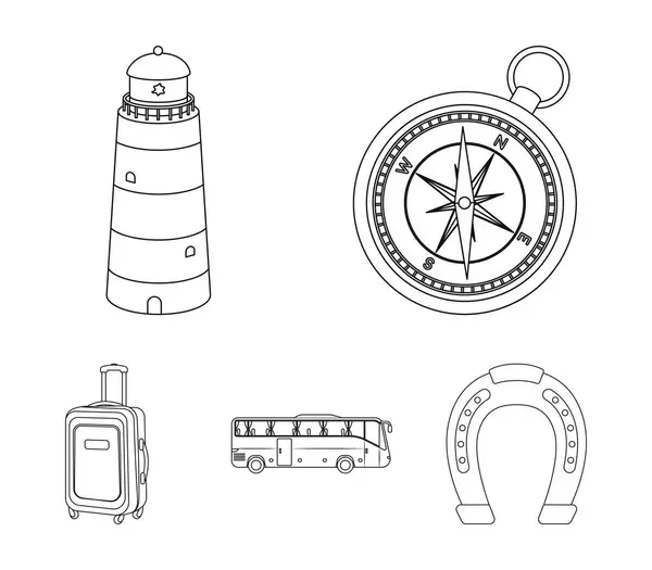 Vakantie, reizen, vuurtoren, kompas. Rusten en reizen set collectie iconen in omtrek stijl vector symbool stock illustratie web. — Stockvector