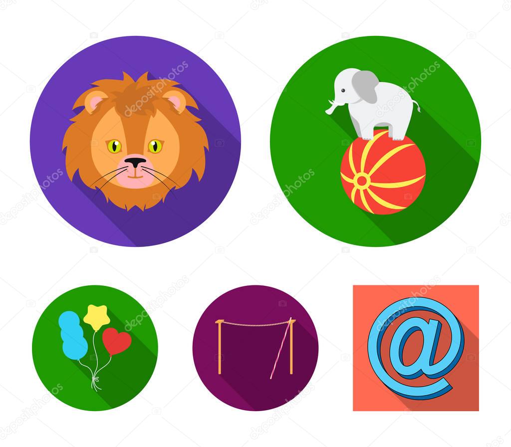 Elephant on the ball, circus lion, crossbeam, balls.Circus set collection icons in flat style vector symbol stock illustration web.