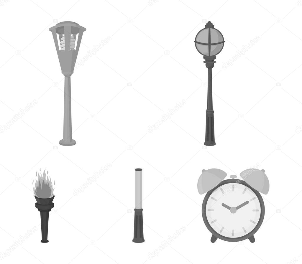 Lamppost in retro style, modern lantern, torch and other types of streetlights. Lamppost set collection icons in monochrome style vector symbol stock illustration web.