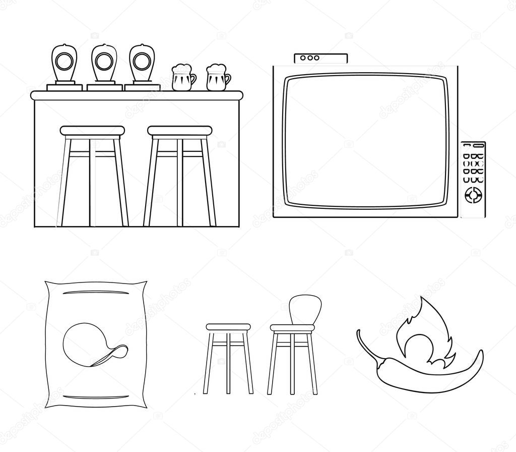 TV, bar counter, chairs and armchairs, potato chips. Pub set collection icons in outline style vector symbol stock illustration .