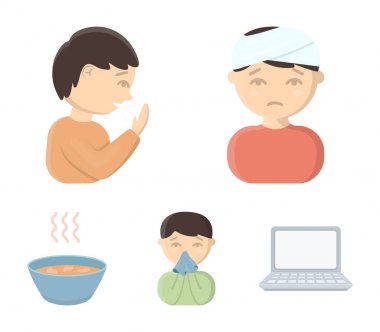 Bandajlı kafası olan bir adam, öksürük, bir adam bir adam bir sümük, bir kase, bir kase sıcak suyu mendilin sokuyor. Karikatür tarzı vektör simge stok çizim web hasta küme koleksiyon simgeler.
