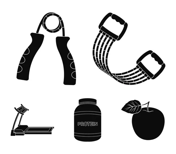 Proteína, expansor e outros equipamentos para treinamento.Ginásio e conjunto de exercícios ícones de coleção em estilo preto símbolo vetorial ilustração web . — Vetor de Stock