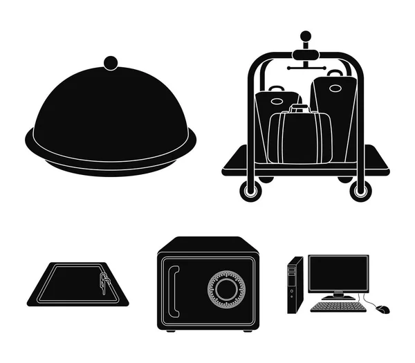 Trolley com bagagem, cofre, piscina, embreagem. Hotel conjunto coleção ícones em estilo preto símbolo vetorial estoque ilustração web . — Vetor de Stock
