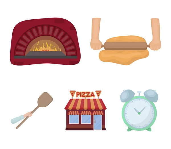 Пицца тесто, духовка, пиццерия здание, лопатка для заготовок. Пицца и пиццерия набор значков коллекции в стиле мультфильма векторные символы фондовый иллюстрации веб . — стоковый вектор