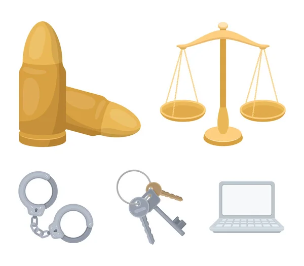 Balance de justice, cartouches, un tas de clés, menottes. Prison set collection icônes en dessin animé style vectoriel symbole illustration web . — Image vectorielle