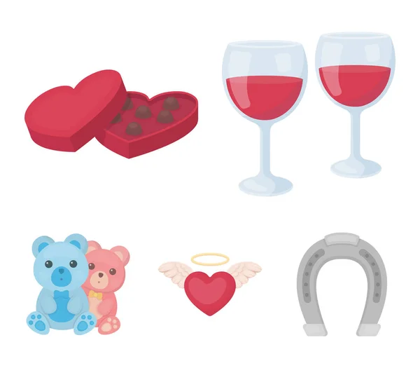 Vasos con vino, corazones de chocolate, osos, valentine.Romantik conjunto de iconos de la colección en el estilo de dibujos animados vector símbolo stock illustration web . — Vector de stock