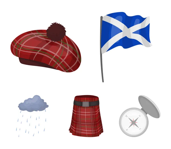 Bandera, kilt, tiempo lluvioso, cap. País de Escocia conjunto de iconos de la colección en el estilo de dibujos animados vector símbolo stock illustration web . — Vector de stock