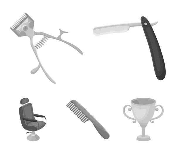 Un rasoir, une tondeuse mécanique, un fauteuil et d'autres équipements pour un coiffeur.Barbershop set icônes de la collection en monochrome style vectoriel symbole illustration web . — Image vectorielle