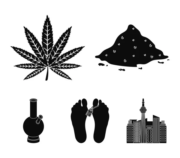 Hemp, cocaine, bong, corpse in the morgue. Drugs set collection icons in black style vector symbol stock illustration web. — Stock Vector