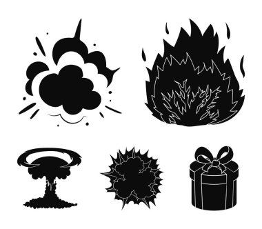 Alevi, kıvılcım, hidrojen parçaları, atom veya gaz patlaması. Patlamalar toplama simgeler siyah stil vektör simge stok çizim web içinde ayarla..