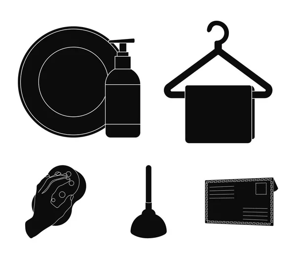 Limpeza e empregada ícones pretos na coleção de conjuntos para design. Equipamento para limpeza de símbolos vetoriais ilustração web . — Vetor de Stock